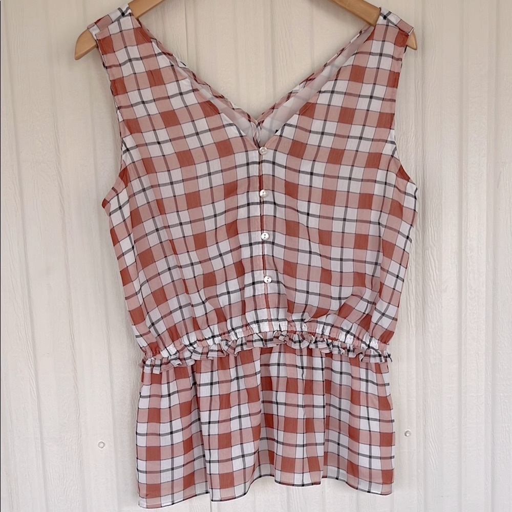 ANN TAYLOR Double-V Plaid Sleeveless Top - Rust and White Womens M